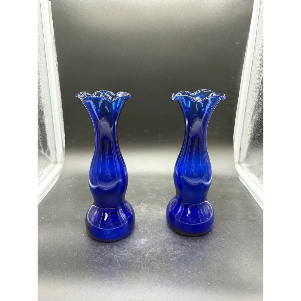 Vintage‎ Cobalt Blue Glass Bud Vases Set of 2 Ruffled Rim Hourglass Shape 8 Inch